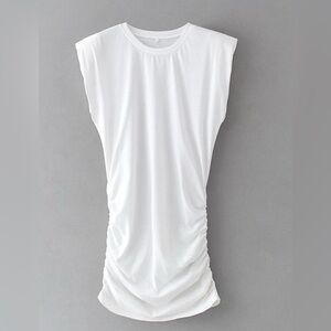 NWT Halston White Mock Neck Shoulder Pad Shirred Sides Cap Sleeve Top XL
